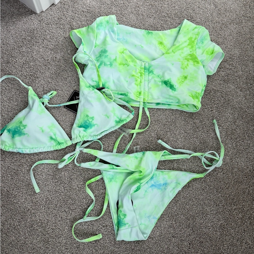 Green Tie-Dye Bikini Set with Cover-Up